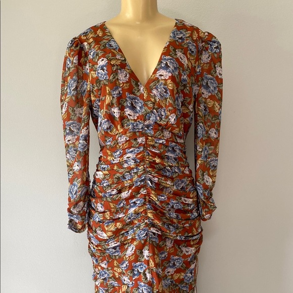 Floret Studios Floral Ruched Long Sleeve Dress Size L - Picture 4 of 10